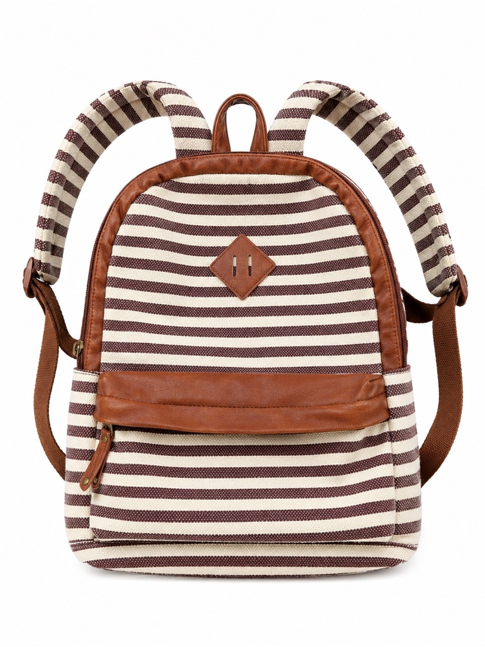 Striped Canvas Backpack with Brown Faux Leather Trim
